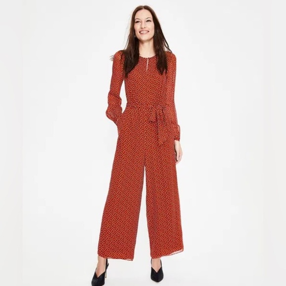 Boden Hermione Silk Jumpsuit Red Polka Dot Long Sleeve Wide Leg Size 6 - Picture 10 of 13
